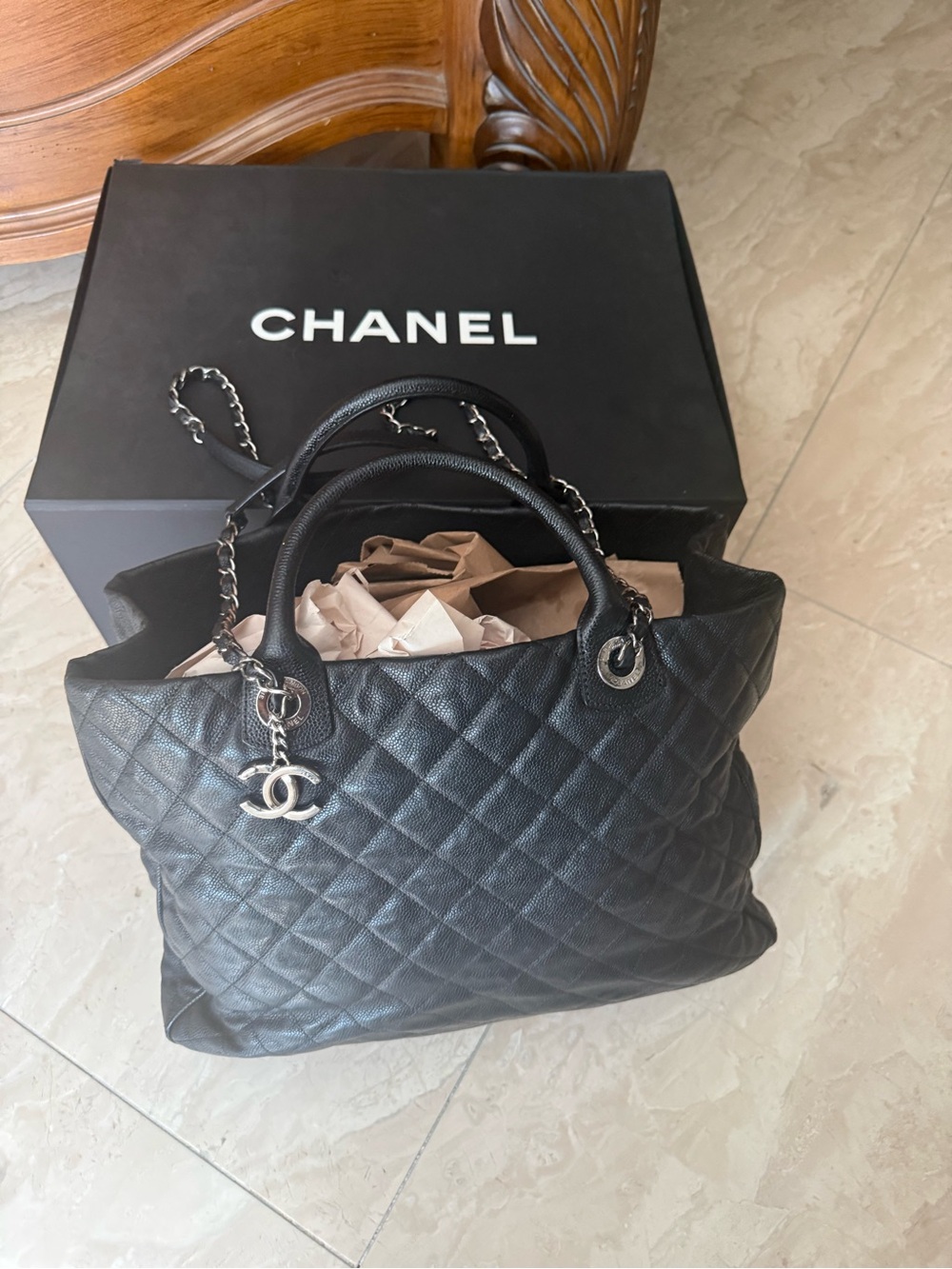 CHANEL extra large Black Quilted caviar Leather Tote with CC Charm